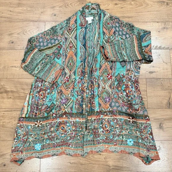 Soft Surroundings Cardigan O/S Embroidered Open Front Boho Duster Gypsy Hippie - Picture 1 of 4